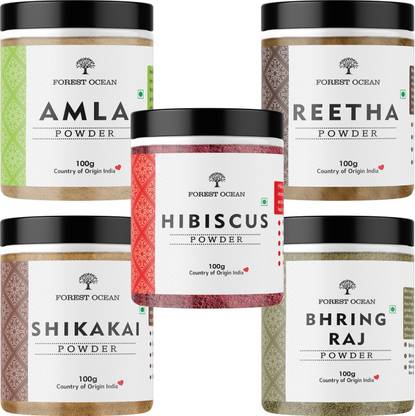 FOREST OCEAN 100% Pure & Natural Amla, Reetha, Shikakai, Bhringraj & Hibiscus Powder Super Saving Combo Pack For Healthy Hair Care & Skin Care - (100g Each - Pack Of 5)