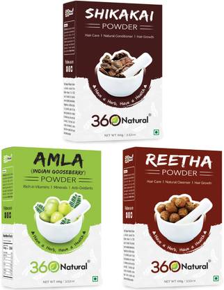360 Natural Organic Herbal (Amla + Shikakai + Reetha) Powder Combo Pack of 3 Healthy Hair