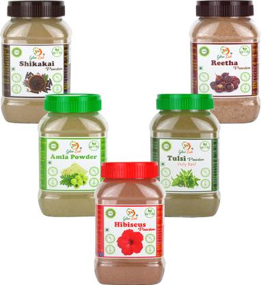 Glow Lush 100% Pure Amla, Reetha, Shikakai, Hibiscus, Tulsi Powder Combo (125g Each)