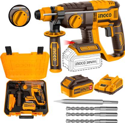 INGCO Brushless Rotary Hammer | 4.0Ah Battery and Charger | 5400BPM 2.0J 1100RPM | with 3 Drills and 1 Chisel | Rotary Hammer Drill