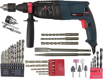 Inditrust 6 Months warranty 100% BLUE 26mm Electric with 5pc bit and drill chuck & Adaptor 13pc HSS 5pc Masonry 5pc Wood Stone BLUE Rotary Hammer Drill