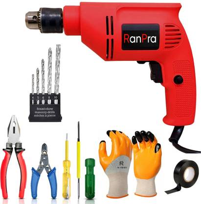 RanPra FORWARD AND REVERSE DIRECTION 10MM DRILL MACHINE WITH 5PCS DRILL BIT & PLIER,CUTTER,TESTURE,GLOVES ETC Pistol Grip Drill