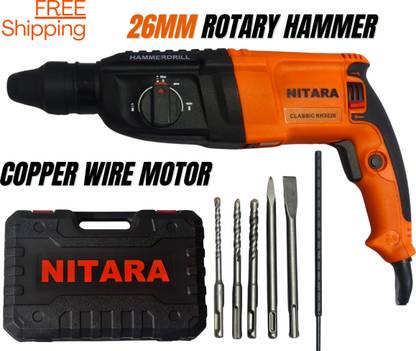 RAJROYALS NITARA 1200W 26mm SUPER FAST hammer drill machine with 1100RPM continue use Heavy-Duty 26mm with 5pcs SDS Plus bits 1200W Variable Speed 0-1100RPM, 3-Mode Rotary Hammer Drill