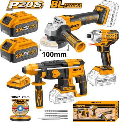 INGCO 20V Lithium-Ion Cordless 3pcs Combo Kit, 1 Pcs Angle Grinder, 1 Pcs Impact Driver, 1 Pcs Rotary Hammer Drill
