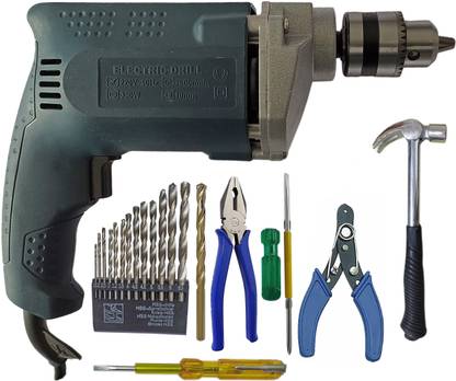 DUMDAAR 6-Month Warranty Electric Machine with 13pc hss Plier Wire 100 Cutter Tester Screwdriver Claw Hammer Masonry bit Set (Pack of 8) Hammer Drill