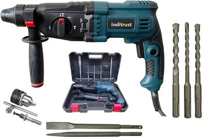 Inditrust 1350W 26mm hammer drill with 13mm drill chuck adaptor SDS drill bits and chisels (Blue) 6 MONTHS WARRANTY Rotary Hammer Drill