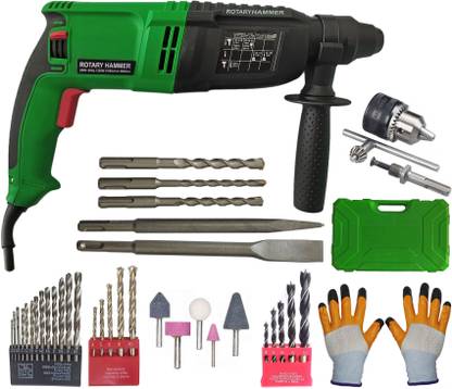 DUMDAAR 6 Month Warranty Machine with 5pc bit 5pc Mounted stone and 13mm drill chuck & Adaptor 13pc HSS 5pc Masonry 5pc Wood with Gloves Rotary Hammer Drill