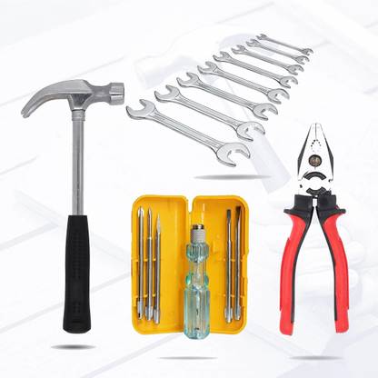 Hillgrove HGCM195M1 5in1 Screwdriver and Double Open End Wrench Set with 8"inch Plier and Curved Claw Hammer