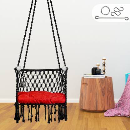 Patiofy Premium C Shape Swing for Adults with Red Cushion,Swing for Home Jhula Indoor Cotton Hammock