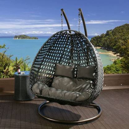 Happy Star Outdoor Furniture Double Seater Swing with Stand White Swing with Brown Cushion Iron Large Swing