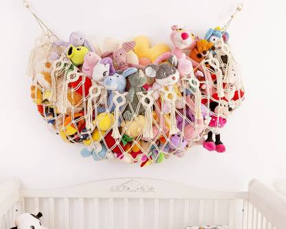 zazza home decor Macrame Hanging Plush Toy Hammock with Storage for Nursery Baby Room Decor. Cotton Large Swing