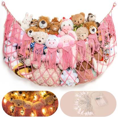 THEPARAH Stuffed Animal Storage Hammock Net with Lights - Big Wall Hanging Toy Organizer Cotton Hammock