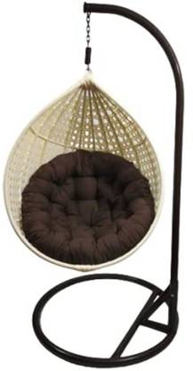 FURNITURE CRAFT Single Seat Swing Chair Weaving Off White Design & Brown Stand Standard Cushion Iron Hammock
