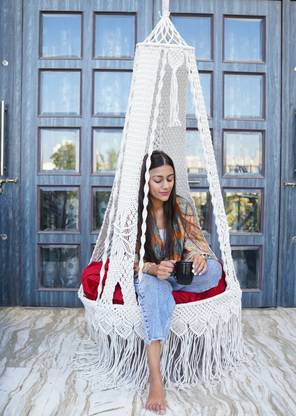 Patiofy Swing for Adults Macrame Swing Chair for Adults for Home with Blue Cushion Cotton Hammock