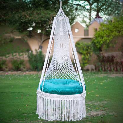 Flipkart Perfect Homes Studio Macrame Swing for Home Balcony Garden wiith Large Blue Cushion and Hanging Kit Polyester Hammock