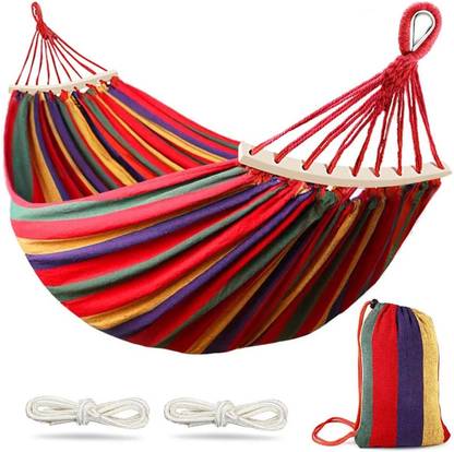 Amulakh 2 People Double Hammock Bed Wood Stick Garden Travel Camping Sleeping Bed Cotton Hammock
