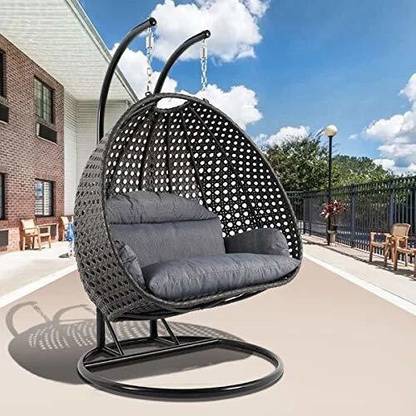 Happy Star Outdoor Furniture Double Seater Swing with Stand Black Swing with Grey Cushion Iron Large Swing