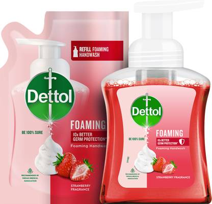 डेटॉल फोमिंग हैंडवॉश पम्प + रिफिल कॉम्बो, स्ट्रॉबेरी (250ml + 200ml) हैंड वॉश बॉटल + रिफिल