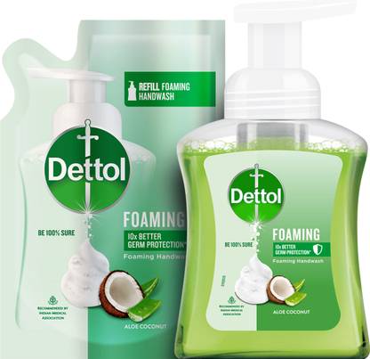 Dettol Foaming Handwash Pump + Refill Combo, Aloe Coconut (250ml + 200ml) Hand Wash Bottle + Refill