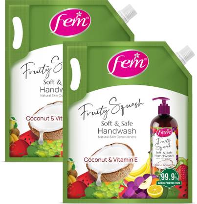 Fem Fruity Squash Liquid Handwash-Pack of 2 | Enriched With Goodness Of Coconut Milk Hand Wash Refill Pouch