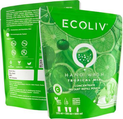 Ecoliv TROPICAL MIX HANDWASH REFILL CONCENTRATE| PACK OF 2| ADD WATER MAKES 500 ML EACH Hand Wash Pouch