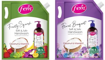 Fem Floral Bouquet + Fruity Squash Liquid Handwash - Pack of 2 | With Coconut Milk Hand Wash Refill Pouch