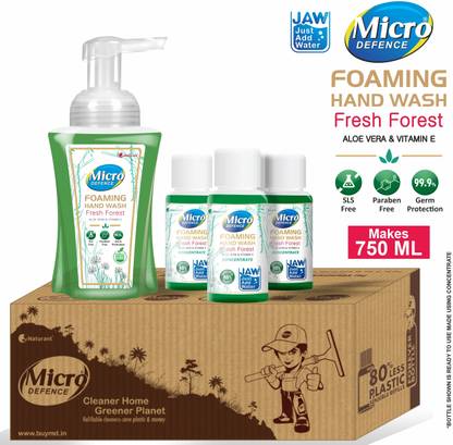 MicroDefence Foaming Hand Wash Fresh Forest|AloeVera|SLS,Paraben Free|3x50ml Conc makes 750ml Hand Wash Bottle