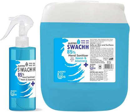 Austro Labs SWACHH HAND SANITIZER SPRAY LIQUID 5 LITER + 120 ML (PACK OF 2) (5 LTR) (5 LITRE) (REFILL PACK) ETHYL ALCOHOL 85% Sanitizer Spray Pump + Refill
