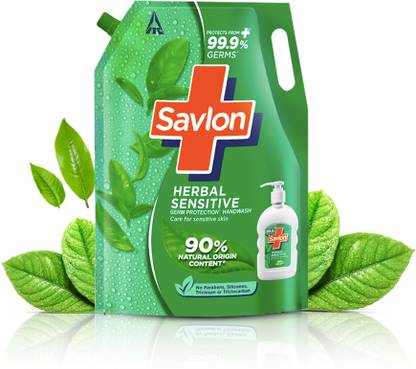 Savlon Herbal Sensitive Germ Protection Liquid Handwash Refill, 99.99% Germ Protection Hand Wash Refill Pouch
