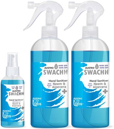 ऑस्ट्रो लैब्स स्वेच हैंड सैनिटाइज़र स्प्रे लिक्विड 500 ML X 2 60 ML (2 का पैक) (1060 ML) एथिल अल्कोहल 85% सैनिटाइजर स्प्रे बोतल