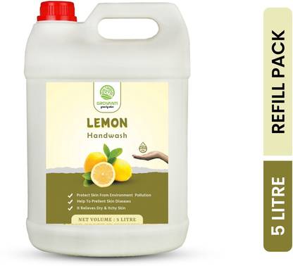 GROVANTI ORGANIC Lemon Handwash Liquid Soap ,5 Ltr, Kill 99.9% Germ Protection ,Goodness of Lemon,Ph Balanced,Disinfectant Moisturizing and Nourishes Skin Handwash Liquid Soap , Handwash Refill Pack - 5 Liter Hand Wash Can