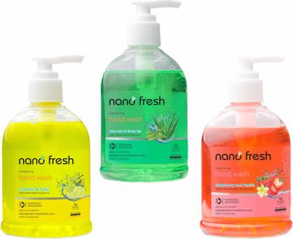 Nano Fresh Lemon & Tulsi + Green Tea & Aloevera + Strawberry & vanilla Combo Pack Cleansing Hand Wash Pump Dispenser