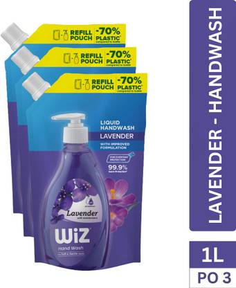 Wiz Lavender Hand Wash Refill Pouch - 1L (Pack of 3) |70% Less Plastic Hand Wash Pouch