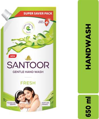 Santoor by Wipro Fresh Gentle with Goodness of Sweet Lime Peel & Tulsi Hand Wash Pouch