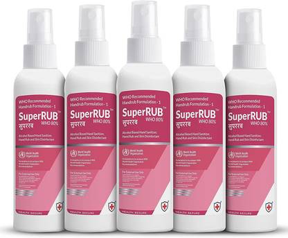 SuperRUB WHO 80% 100ml Hand Rub, Hand Disinfectant with Spray Combo of 5 bottles. Hand Sanitizer Bottle