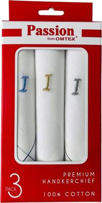 PASSION FROM OMTEX Men's Initial Alphabet Monogram (I) Embroidery 100% Pure Cotton Handkerchief ["WHITE WITH EMBROIDARY & COLORED BORDER"] Handkerchief
