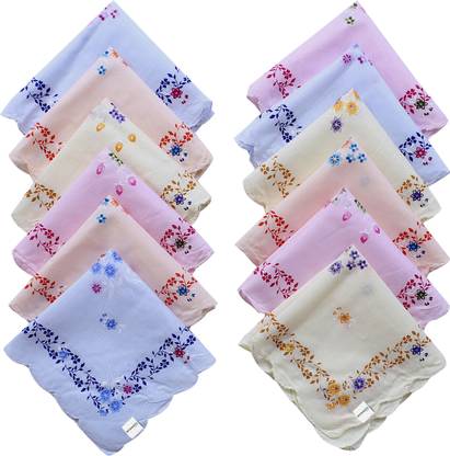 HOMESTIC Leaf Print Cutwork Soft Cotton Hankies ,Set of 12 (Multicolor) ["Multicolor"] Handkerchief