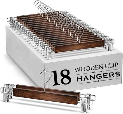 GRACIOUS MART Wooden Pant Hanger, Suit Hangers Steel Clips and Hooks, Natural Wood Collection Wooden Shirt Pack of 18 Hangers For  Shirt