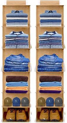 Home Store India Non Woven 6 Shelves Foldable Wardrobe Hanging Storage Organizer (2 Pcs, Beige) Closet Organizer
