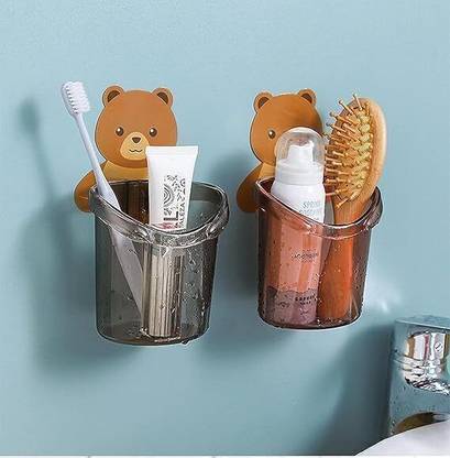 Shreejee Pack of 2 Multipurpose Wall Mount No Drill Teddy Bear Toothbrush Holder x2.66 Swivel Hook 1