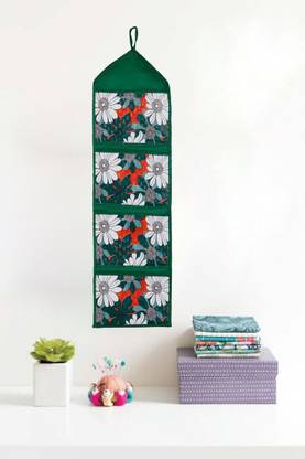 Aradent Pack of 1 Wall Hanging Oraganiser with 4 Pockets Green Flower Regular Organizer
