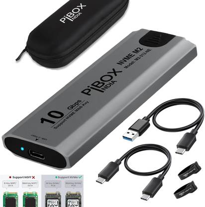 pibox india M2-312-NE NVME M2 SSD Enclosure- USB 3.2 10Gbps, Tool-Free M.2 Case, PCI-E NVMe Reader, USB-C, M & B&M Keys, 2230/2242/2260/2280 SSDs, REALTEK RTL9210 Chipset