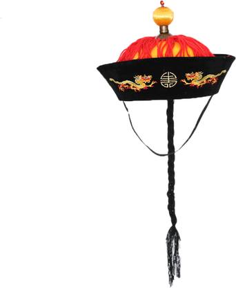 LoomTree Chinese Oriental Emperor Hat with Braids Ponytail Fancy Dress Party Cap 52cm