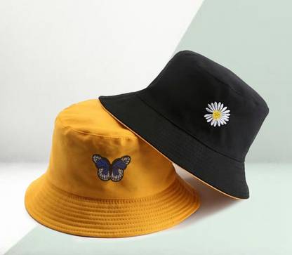 REFFER Daisy flower butterfly Embroidered Unisex foldable cotton Reversible Bucket Hat
