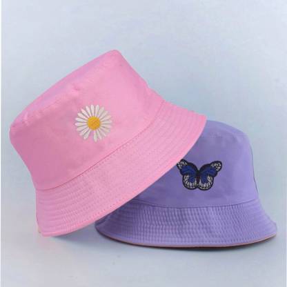 REFFER Daisy flower butterfly Embroidered Unisex foldable cotton Reversible Bucket Hat