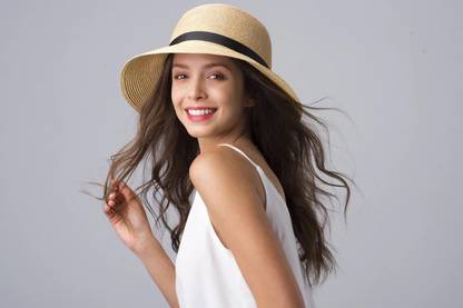 Icw Women Foldable Wide Ribbon Beach and Summer Straw Sun Hat caps