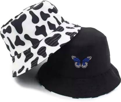 Winity Reversible Cotton Butterfly Embroidered Cow printed Bucket hats for Women