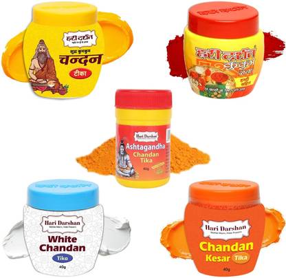 Hari Darshan Chandan Tika Combo - Kumkum, Kesar, Roli, White Ashtagandha tilak (Pack of 5)