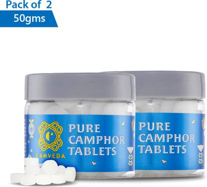 Camveda 50 GM- Round Camphor Tablets , 100% Pure Camphor (2 Plastic Jar in one Pack)