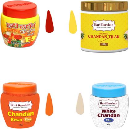 Hari Darshan Premium Chandan Tika Combo-Kumkum, Kesar, Roli, White tilak (Pack of 4)